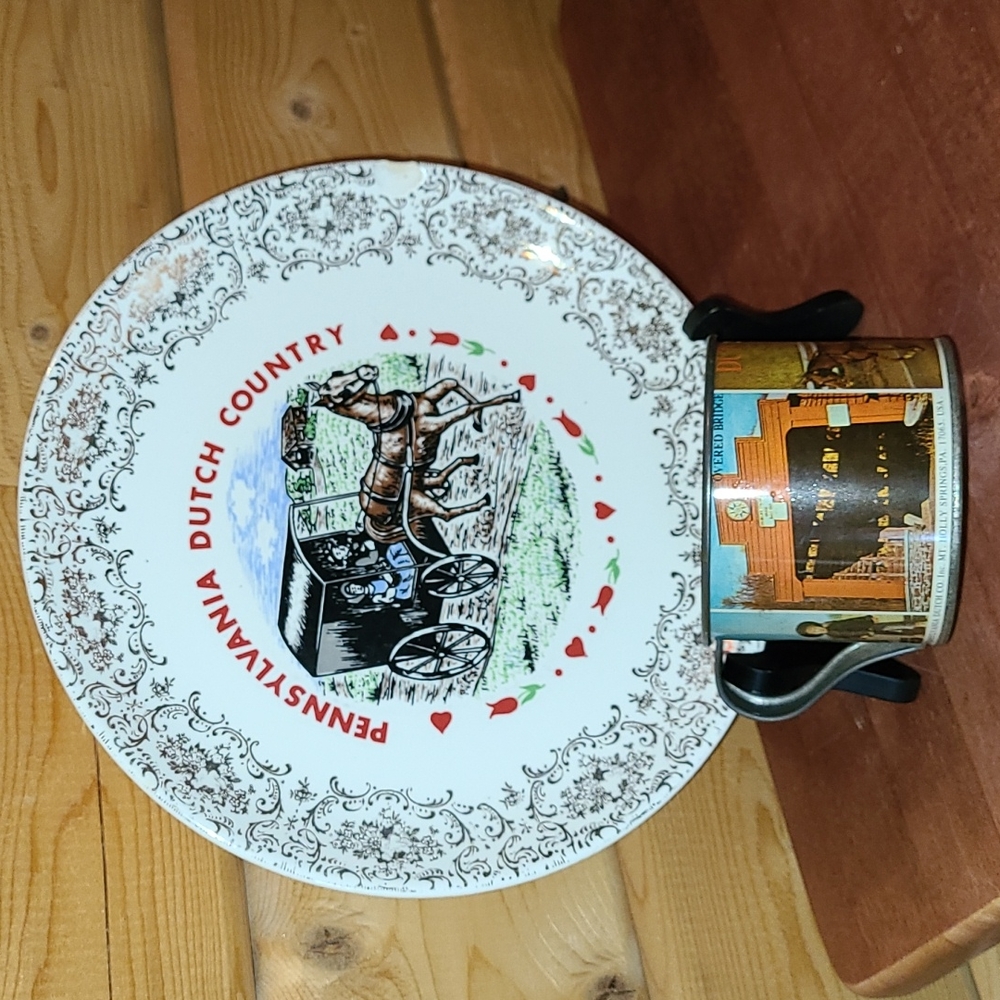 VTG PA Dutch Country Collectible Plate & Tin Cup Amish Horse and Buggy Lancaster